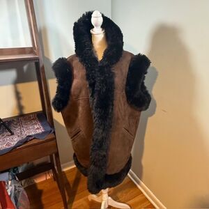 Oversized Hooded Suede Faux Fur Vest L Boho Winter Layer Festival 90s Revival